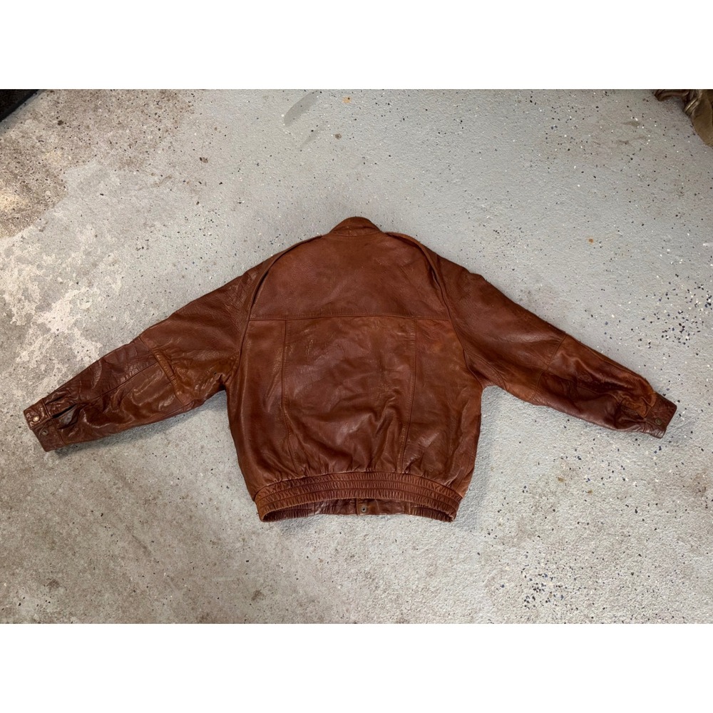 Vintage Pour Le Sport Brown Leather Bomber Jacket Mens Size 40 Oversized 90s - Picture 2 of 9